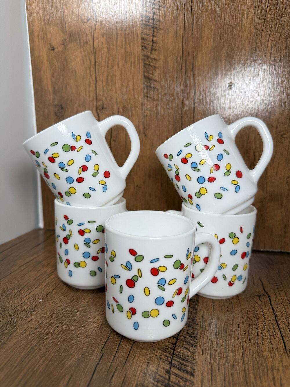 5Vintage Arcopal mug Dots milk glass rainbow retro Ballon’s Jelly Beans Colorful